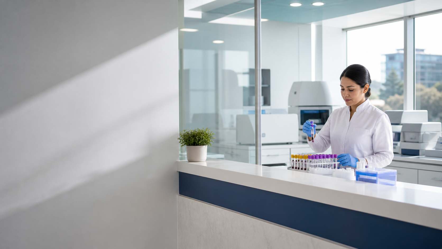Laboratorio clínico moderno con mesa de recepción y procesamiento de muestras